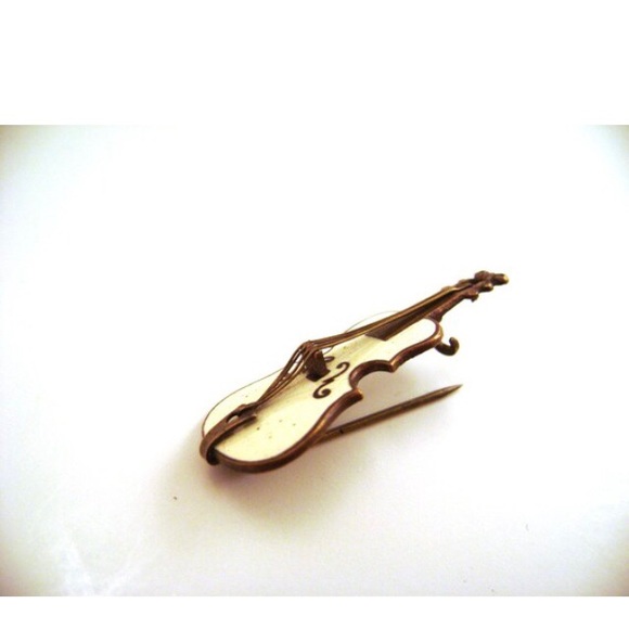 Fiddle or violin estate brooch Antique jewelry enamel instrument c clasp pin - Picture 6 of 13